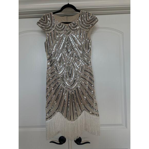 Vintage 20’s Silver and White Beaded and Sequins Flapper dress with Fringe - Picture 6 of 9